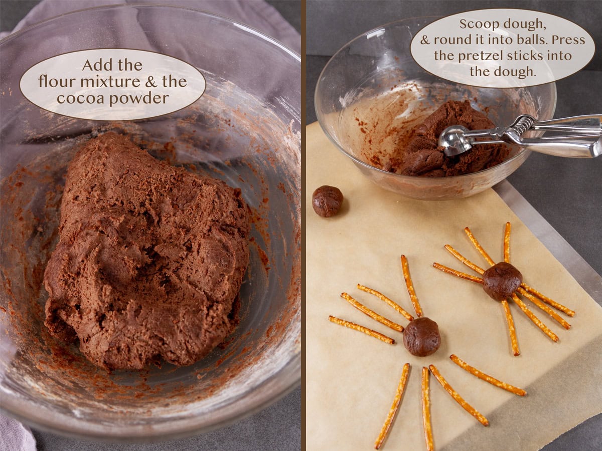 added cocoa powder and flour to the cookie dough on left and scooping dough and adding pretzels for spider legs on right.