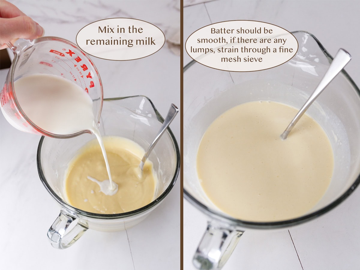 adding milk to mixture on left and the finished batter on right.