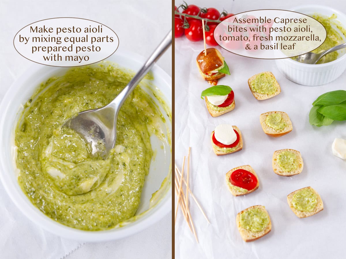 mixing pesto and mayo in a small bowl of left to make pesto aioli and assembling Caprese sandwiches on right.