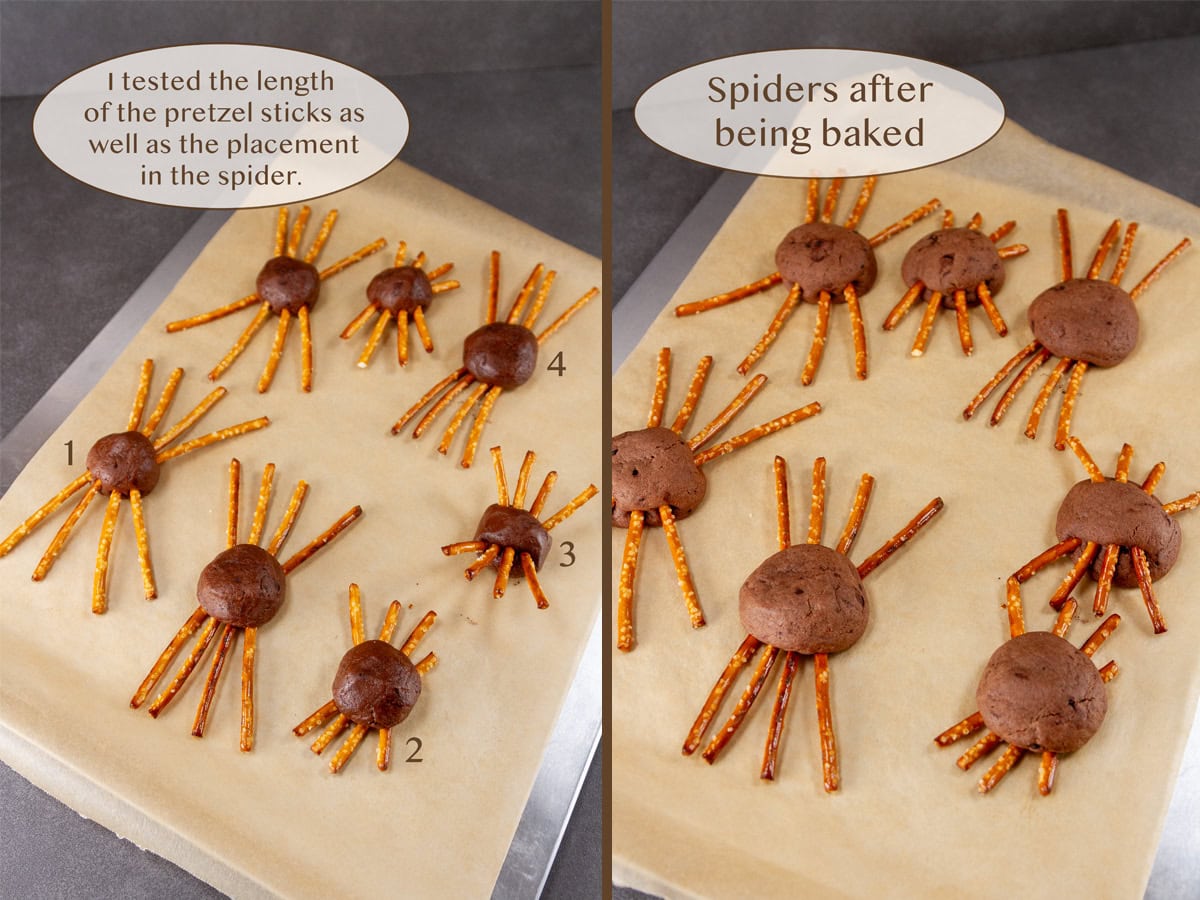 spider cookies ready to make on left and after being baked on right.