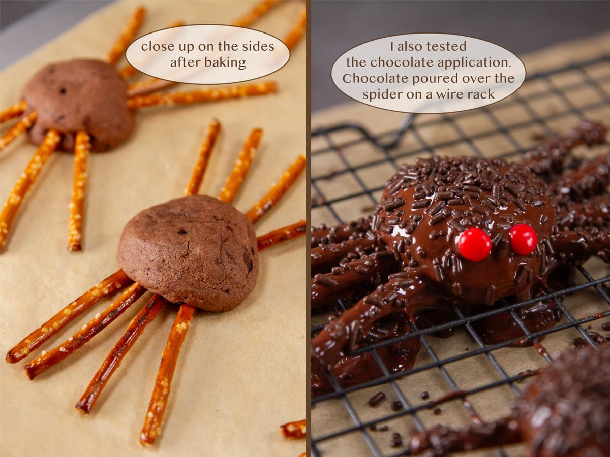 close up on baked spider cookies on left and chocolate poured over with sprinkled and red candy eyes on right.