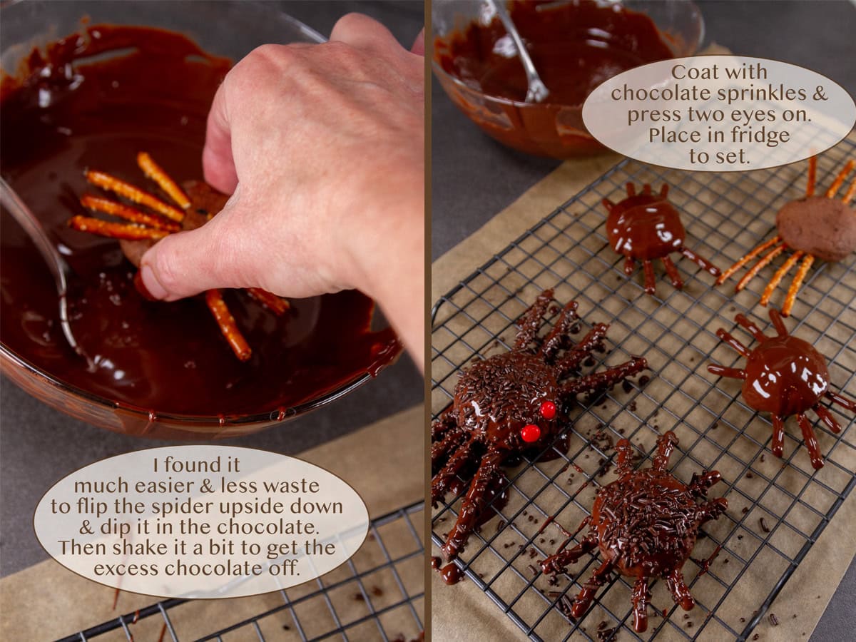 dipping a spider cookie into melted chocolate on left and cookies in different stages of being decorated on a wire rack on right.