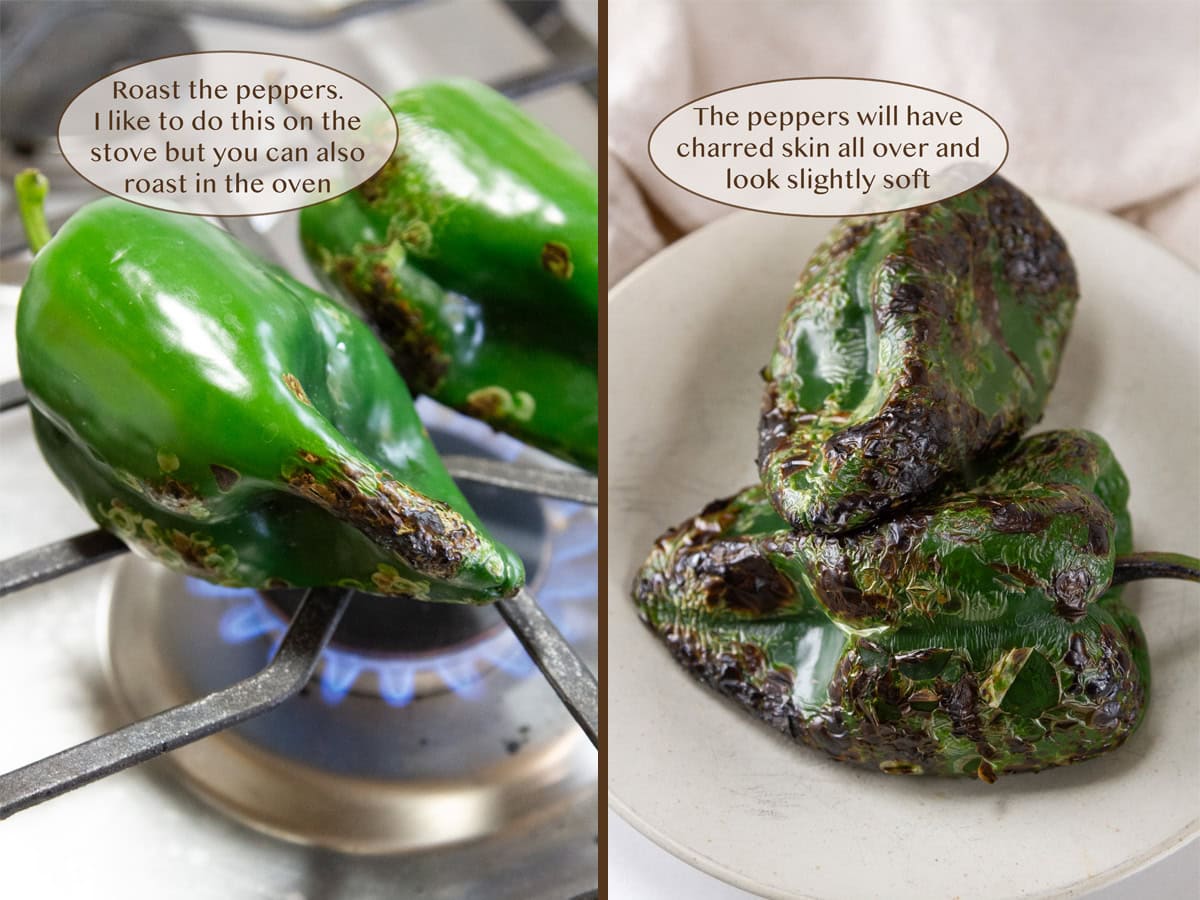 roasting poblano peppers over an open flame on left and roasted charred on right.