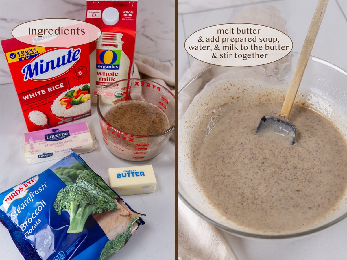 ingredients on left and a bowl of mushroom soup mixture on right.