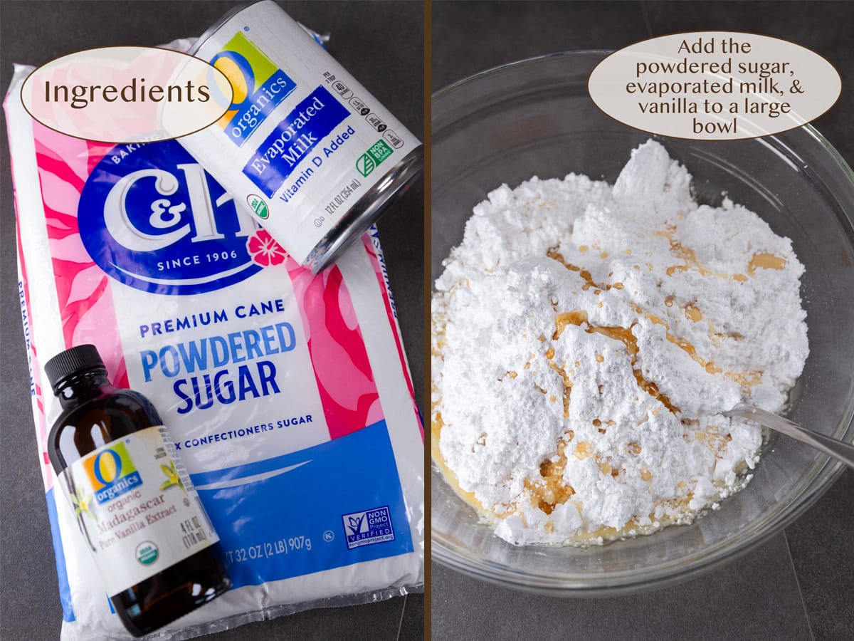 ingredients on the left and in a mixing bowl on right.