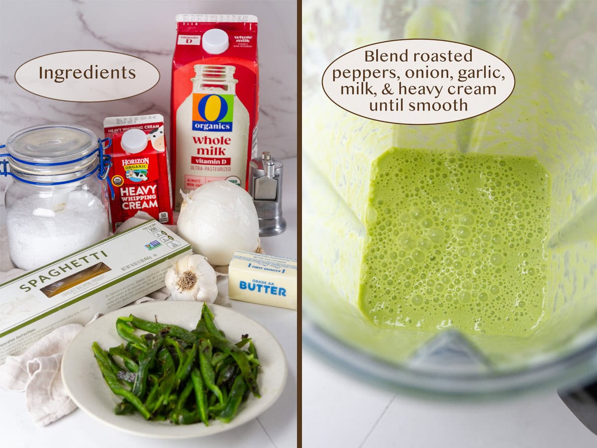 ingredients on left and sauce blended in a blender on right.