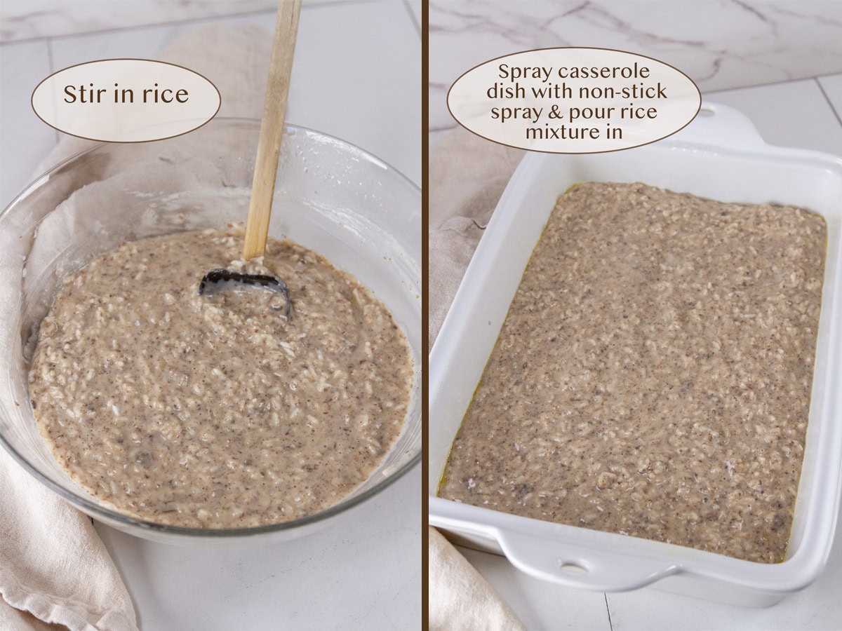 rice stirred into the mushroom soup mixture on right and then poured into the casserole dish on left.