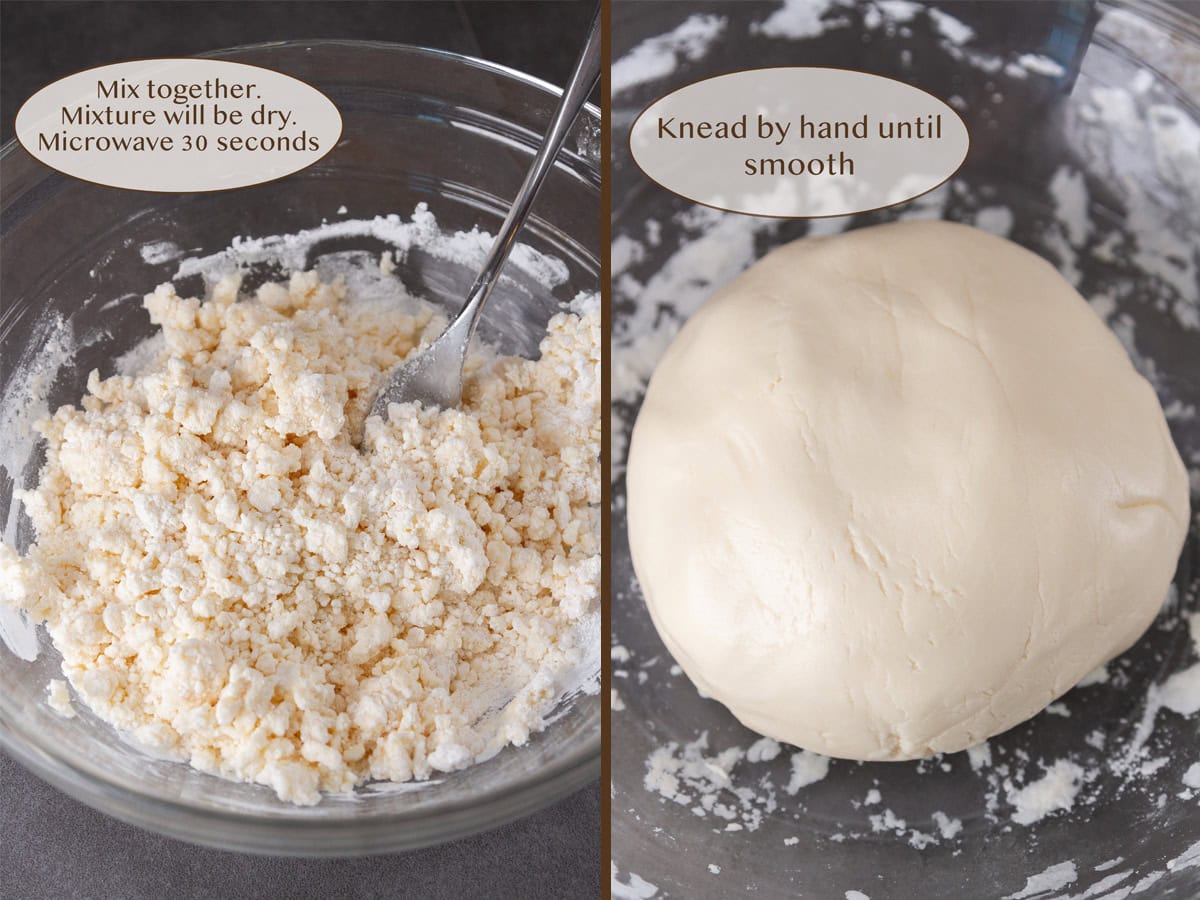 dough mixed together on left and kneaded on right.
