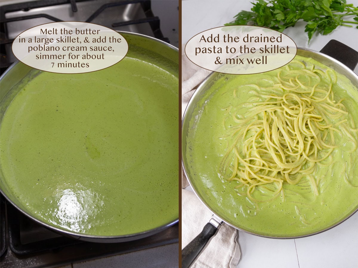 sauce in a pan on left and with cooked spaghetti added on right.