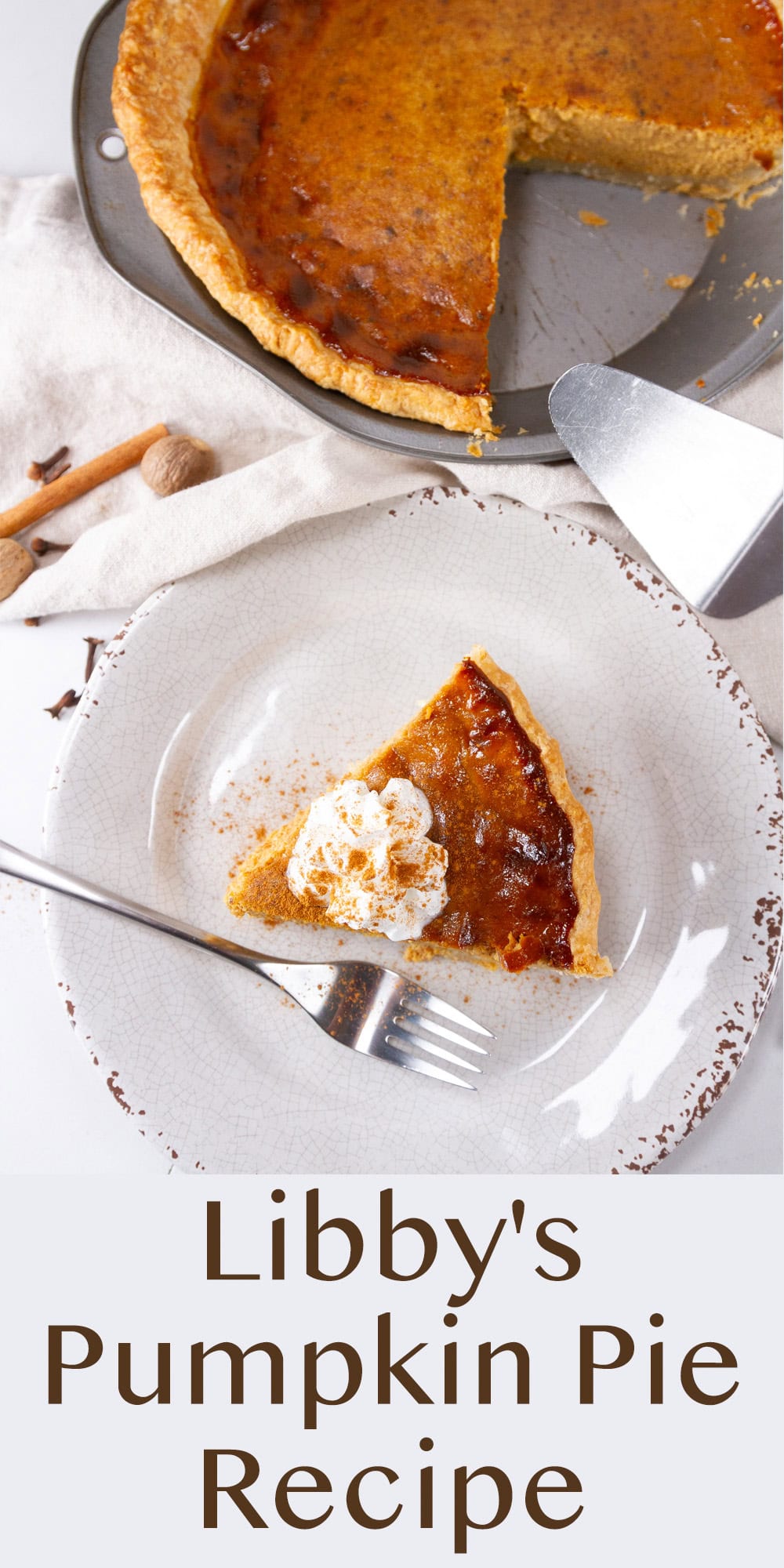 a pumpkin pie in the upper area and a slice with whipped cream in the lower area.