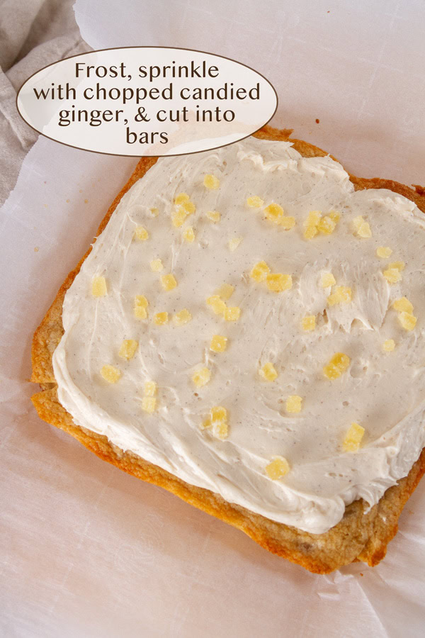 frosted bars with candied ginger garnish.
