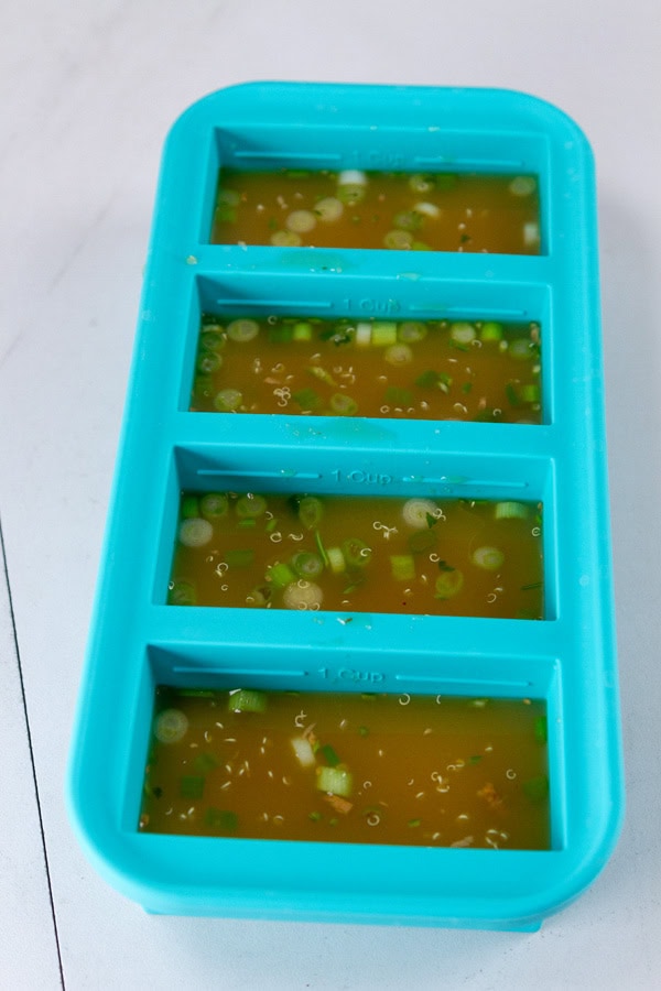 soup in a freezer safe cube storage tray.