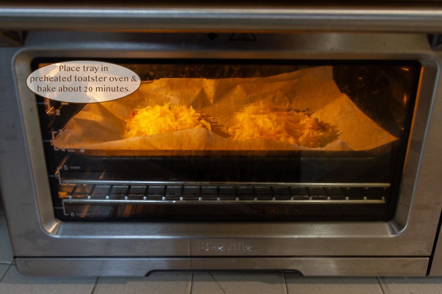 hash browns baking in the toaster oven.
