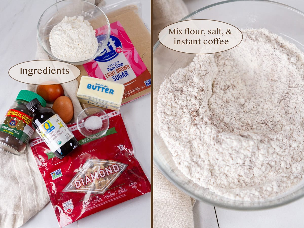 ingredients on left and dry cookie ingredients mixed in a bowl on right.