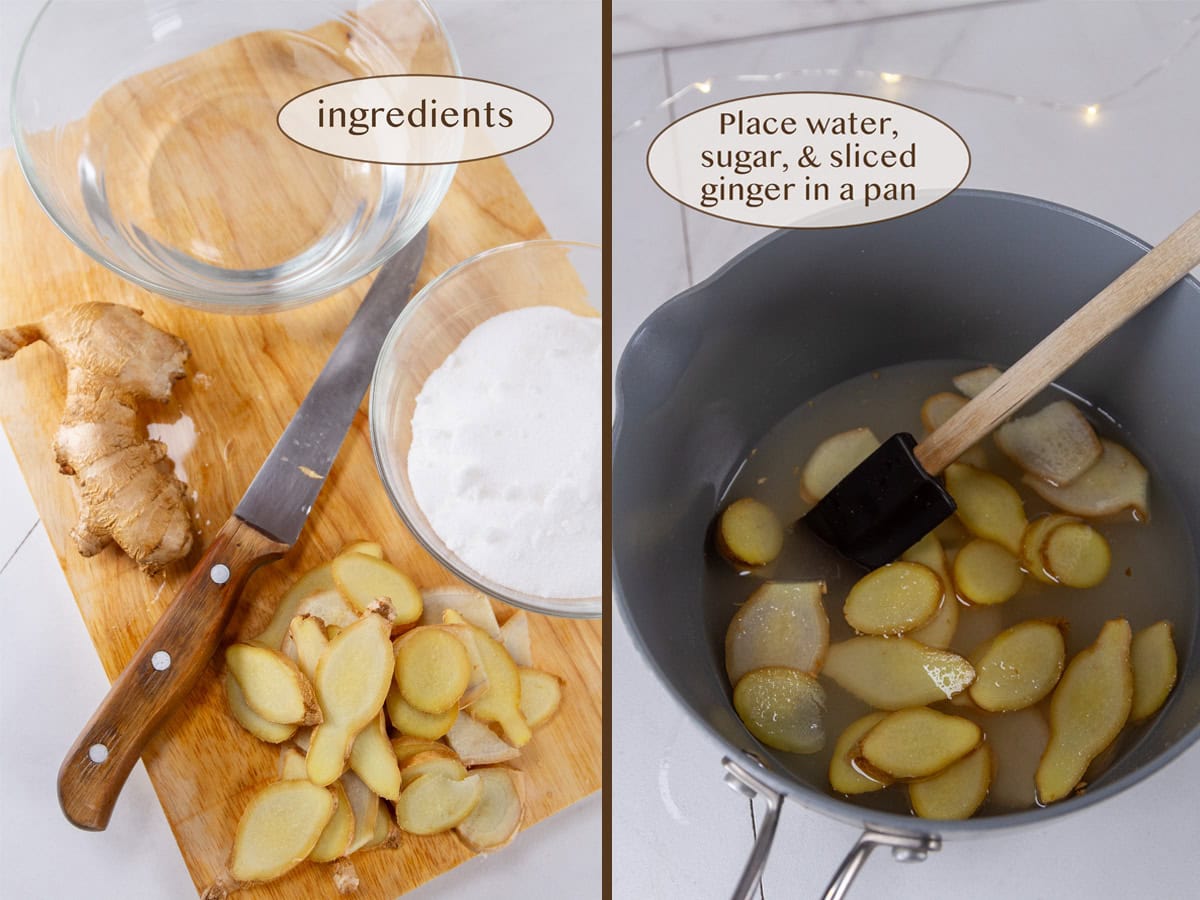 ingredients on left and all in a pot on right.