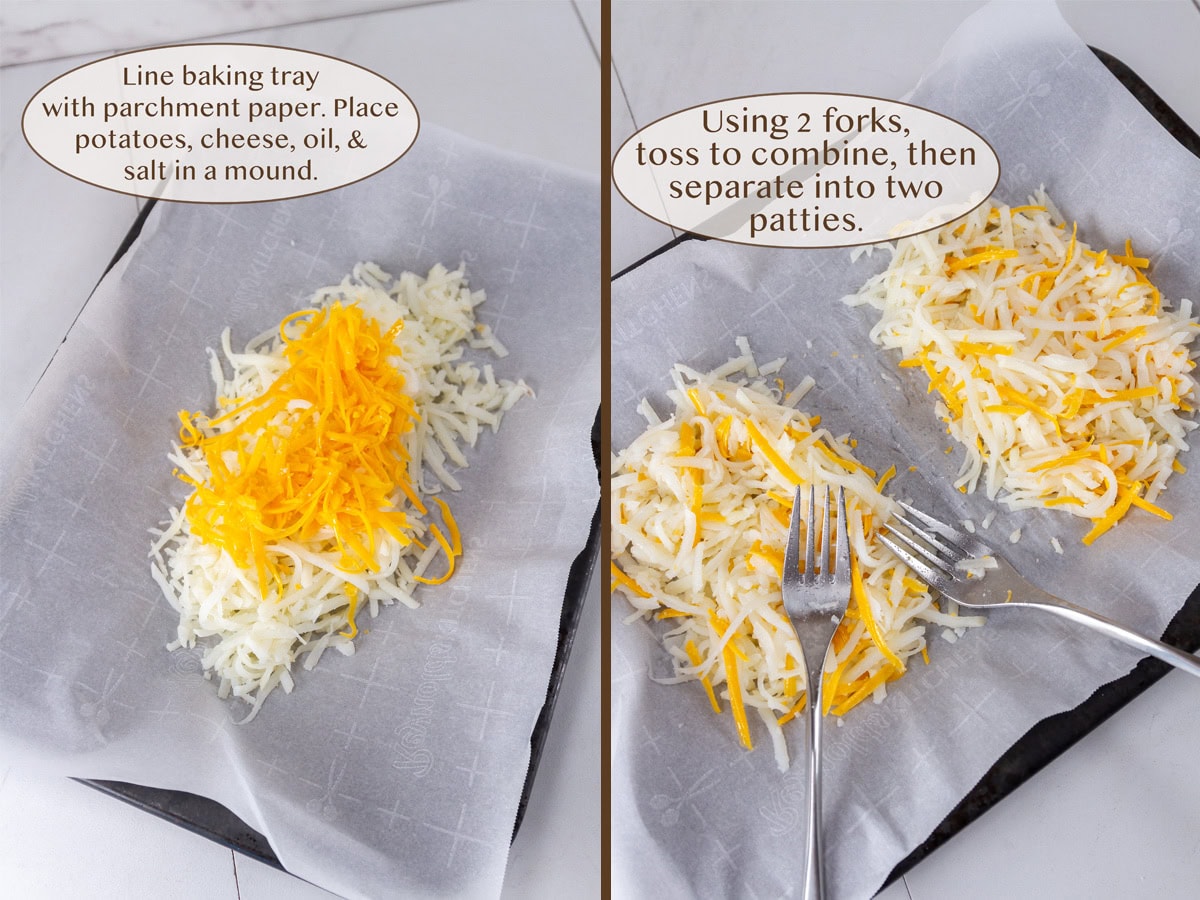 potatoes and cheese on a baking tray on left and mixed together and formed into patties on right.