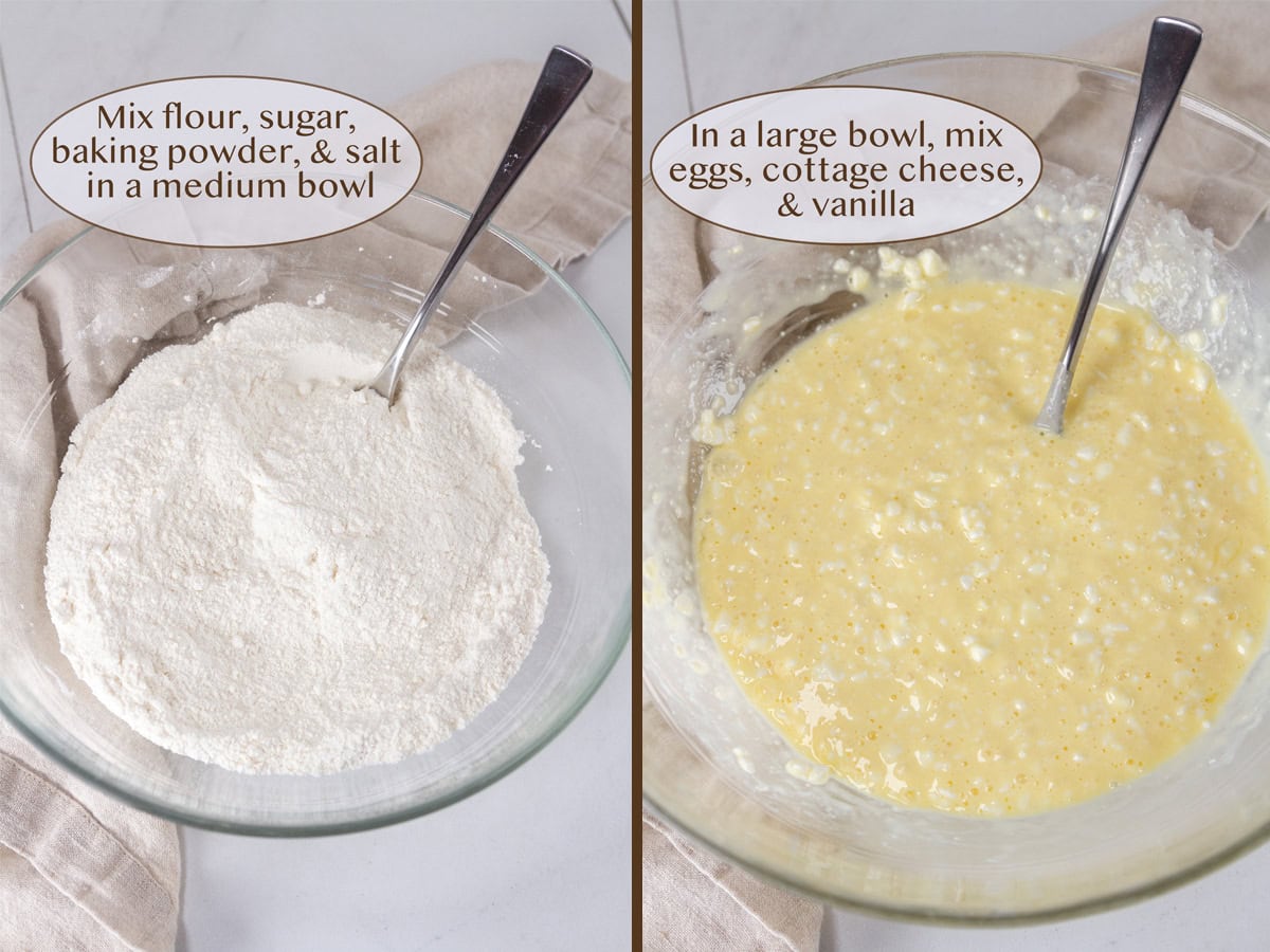 dry ingredients in a bowl on left and wet ingredients on right.