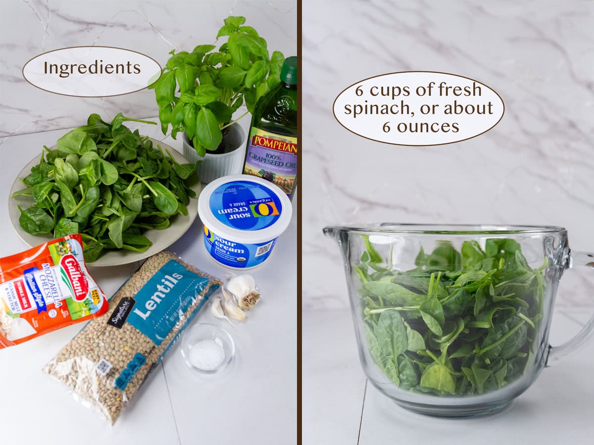 spinach filling ingredients on left and measuring spinach in a glass measuring cup on right.