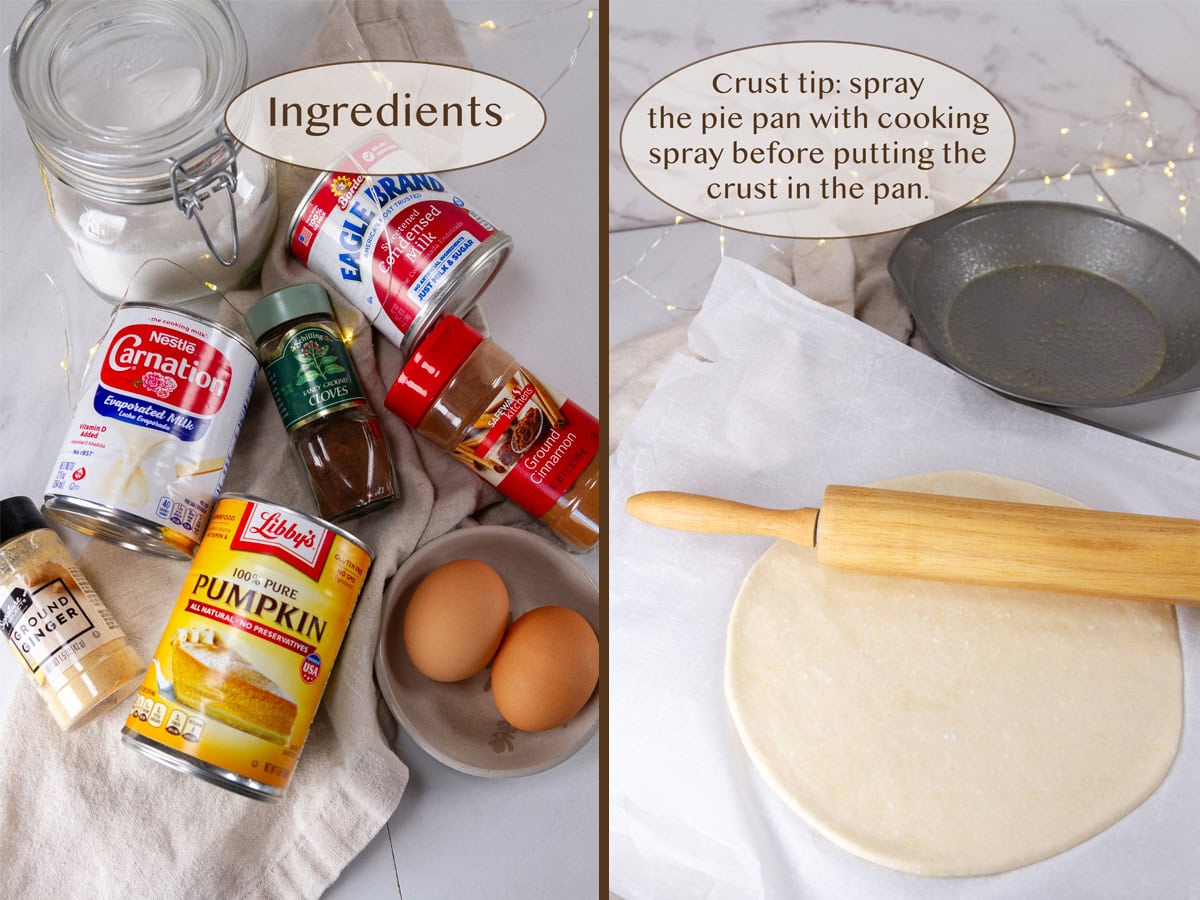 ingredients on left and rolling out pie crust on right.