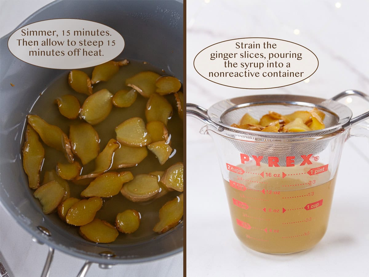boiled ginger in sugar water on left and strained into a glass measuring cup on right.