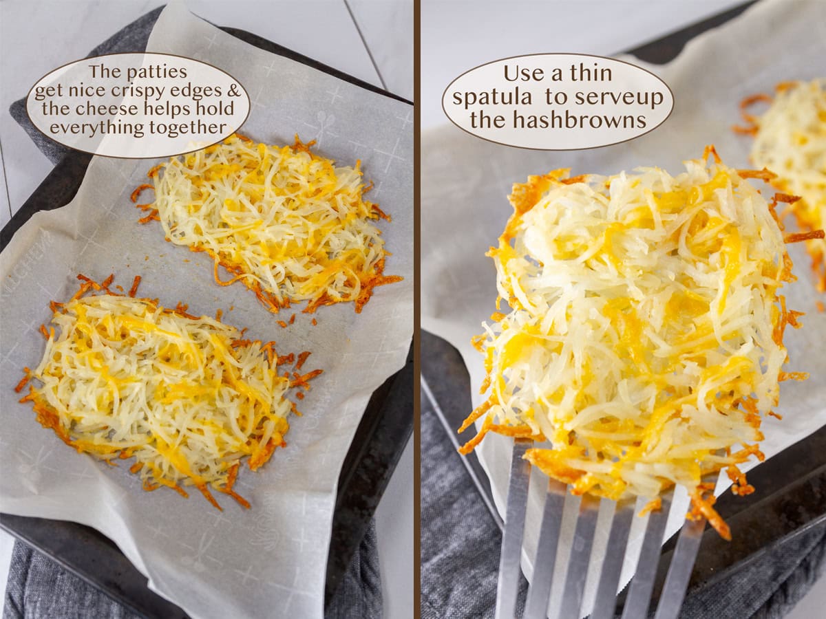 baked hash browns on left and a spatula lifting a patty up on right.