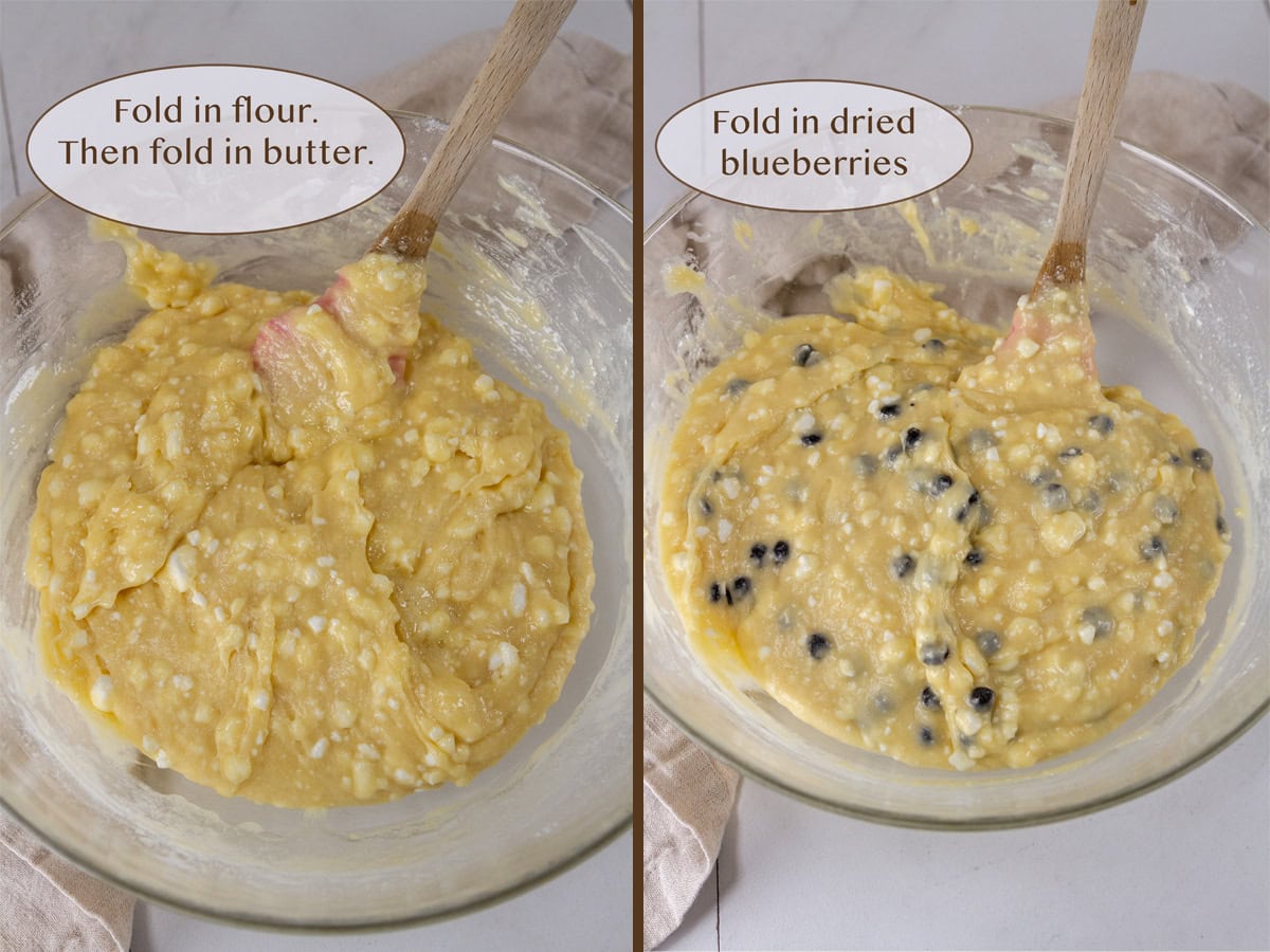 cake batter in a bowl on left and with blueberries added on right.
