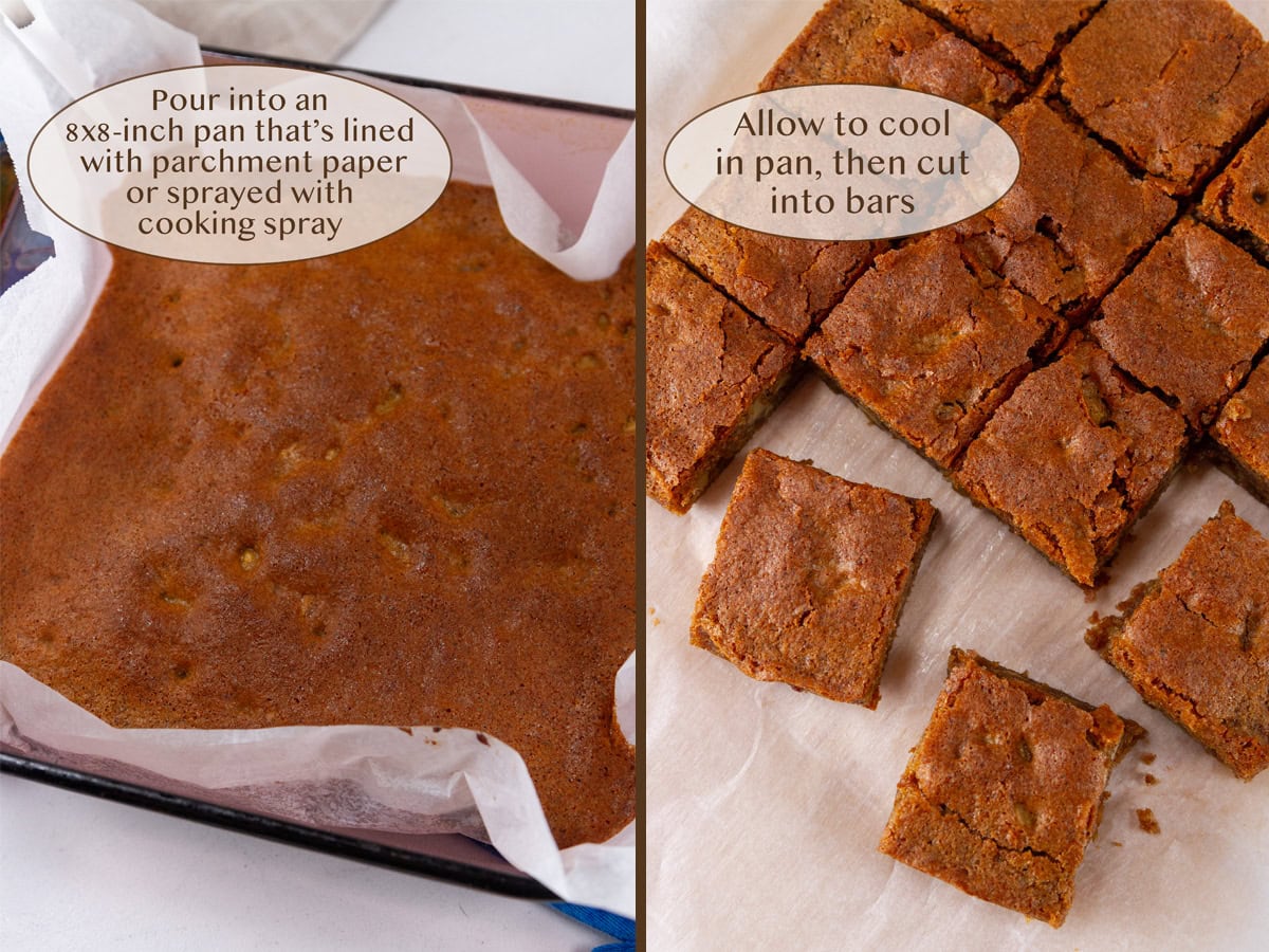 baked bar cookies in the pan on left and cut into squares on right.
