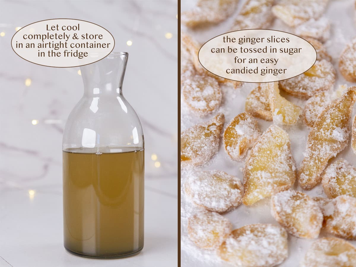 ginger simple syrup in a glass jar on left and candied ginger slices on right.