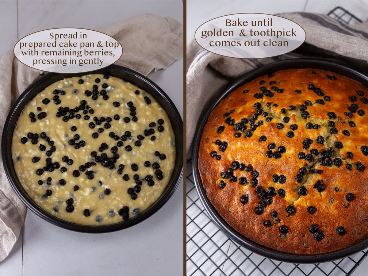 cake batter in a cake pan on left and baked on right.