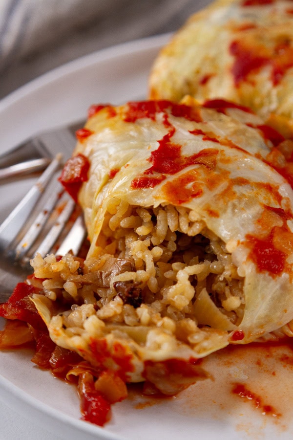 close up on a cabbage roll that's cut open so you can see the rice filling inside.