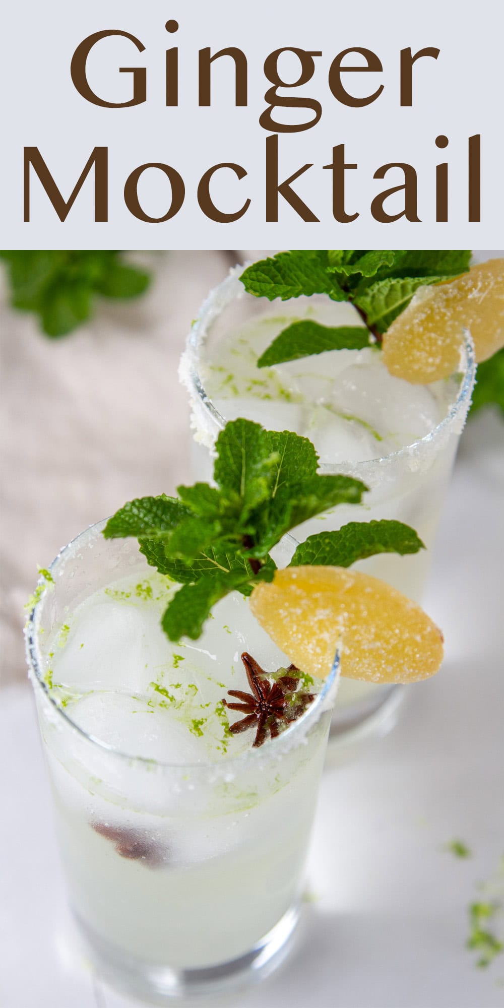 two drinks in highball glasses with fresh mint, candied ginger, and star anise.