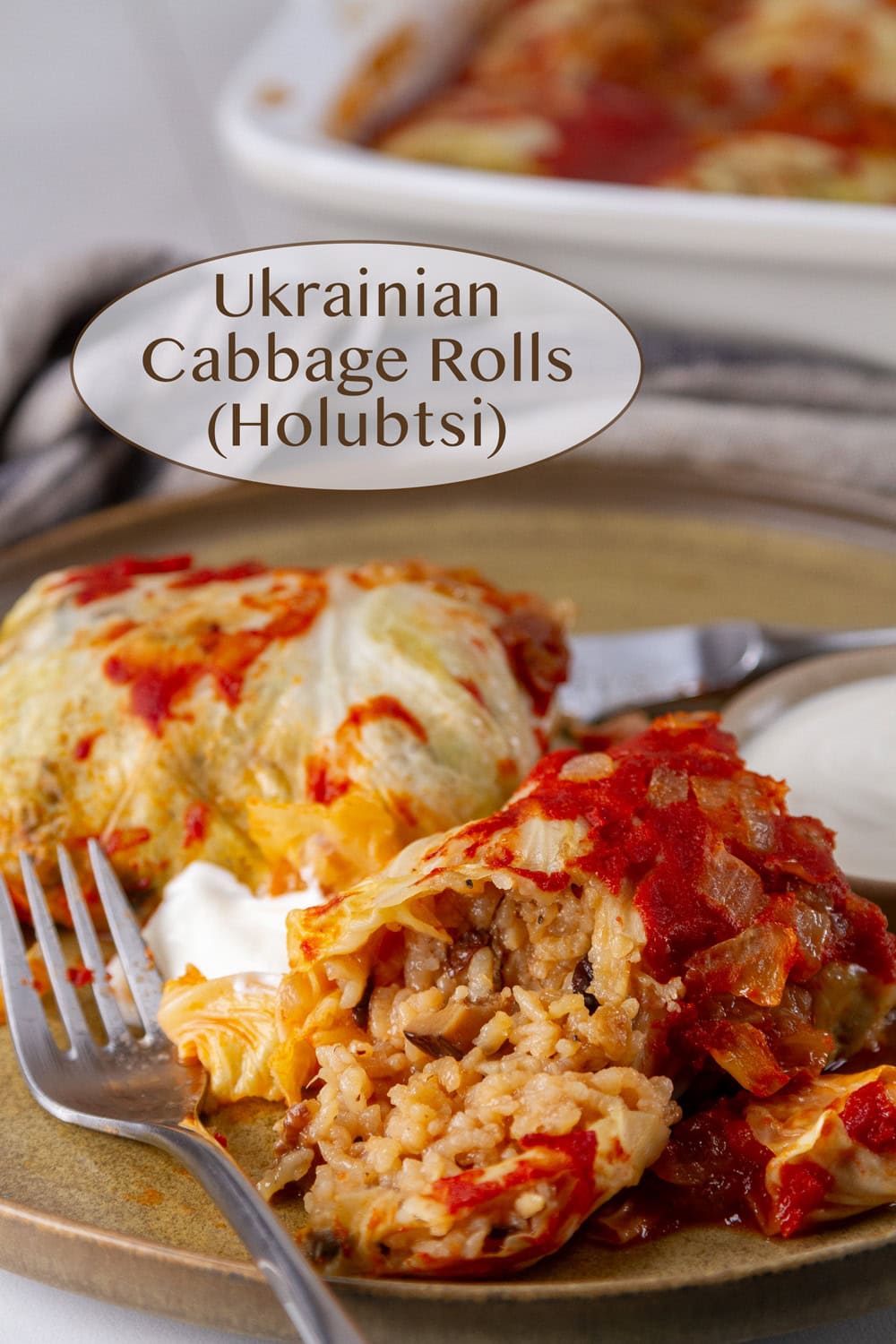 Ukrainian Cabbage Rolls (Holubtsi) on a brown plate with a fork and sour cream.