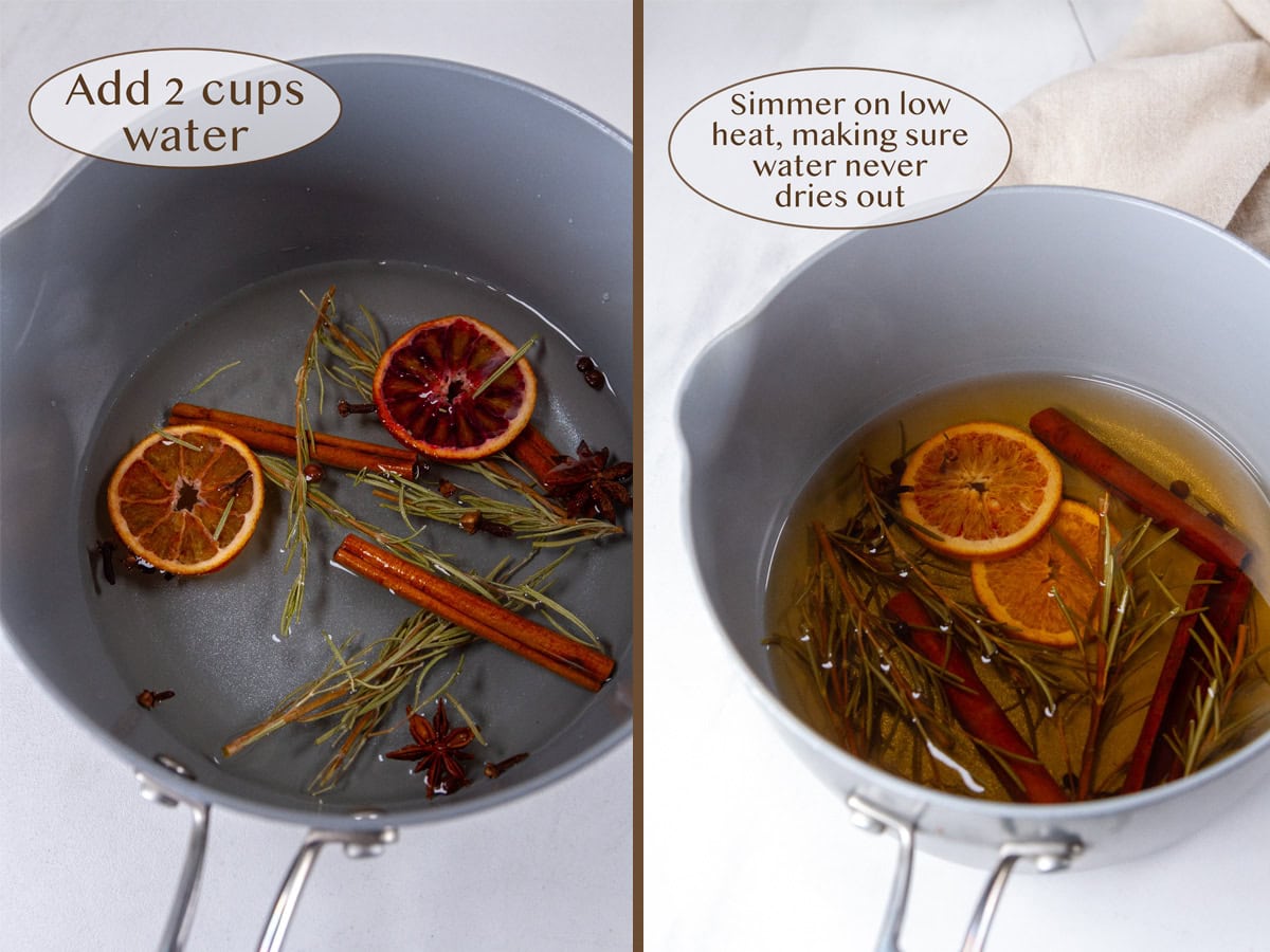 simmer pot with water added on left and after being simmer on right.