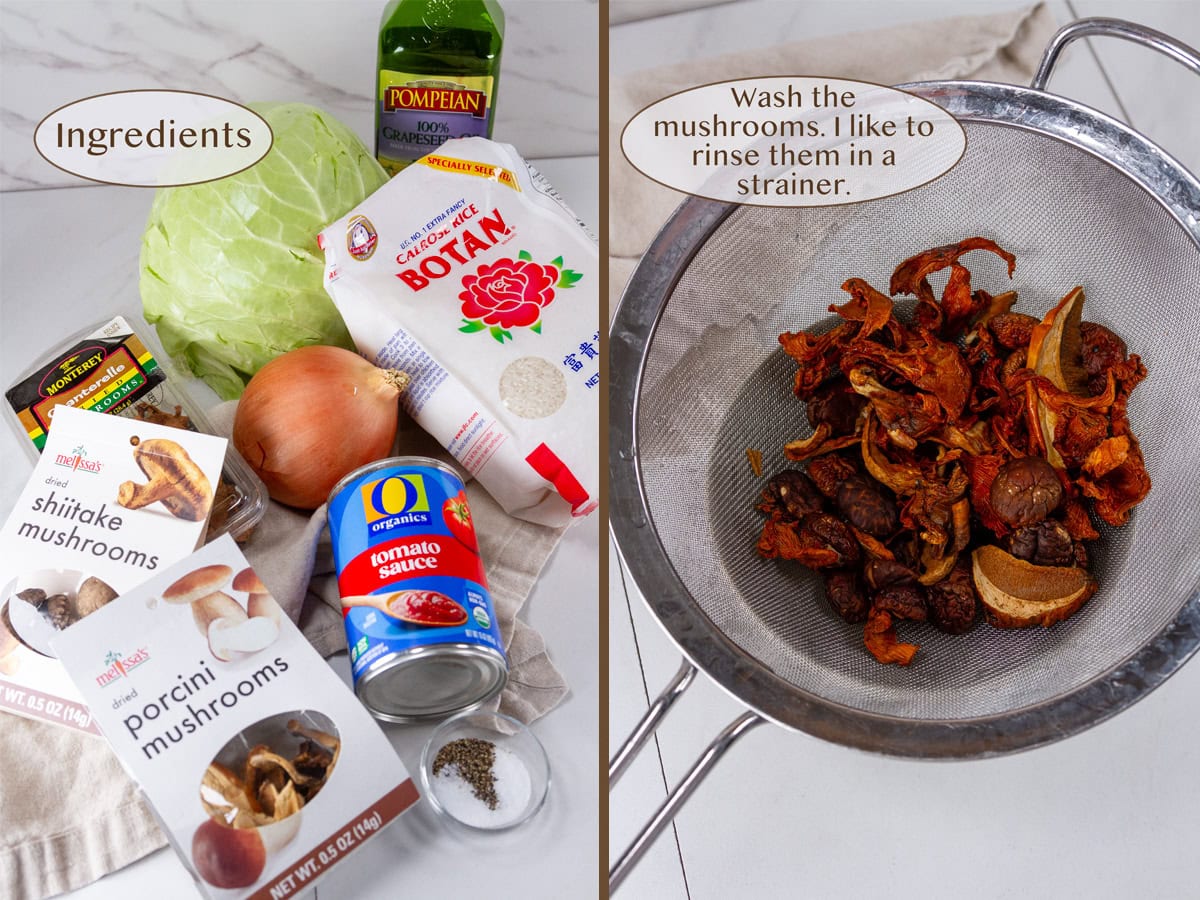 ingredients on left and washing dried mushrooms in a strainer on right.