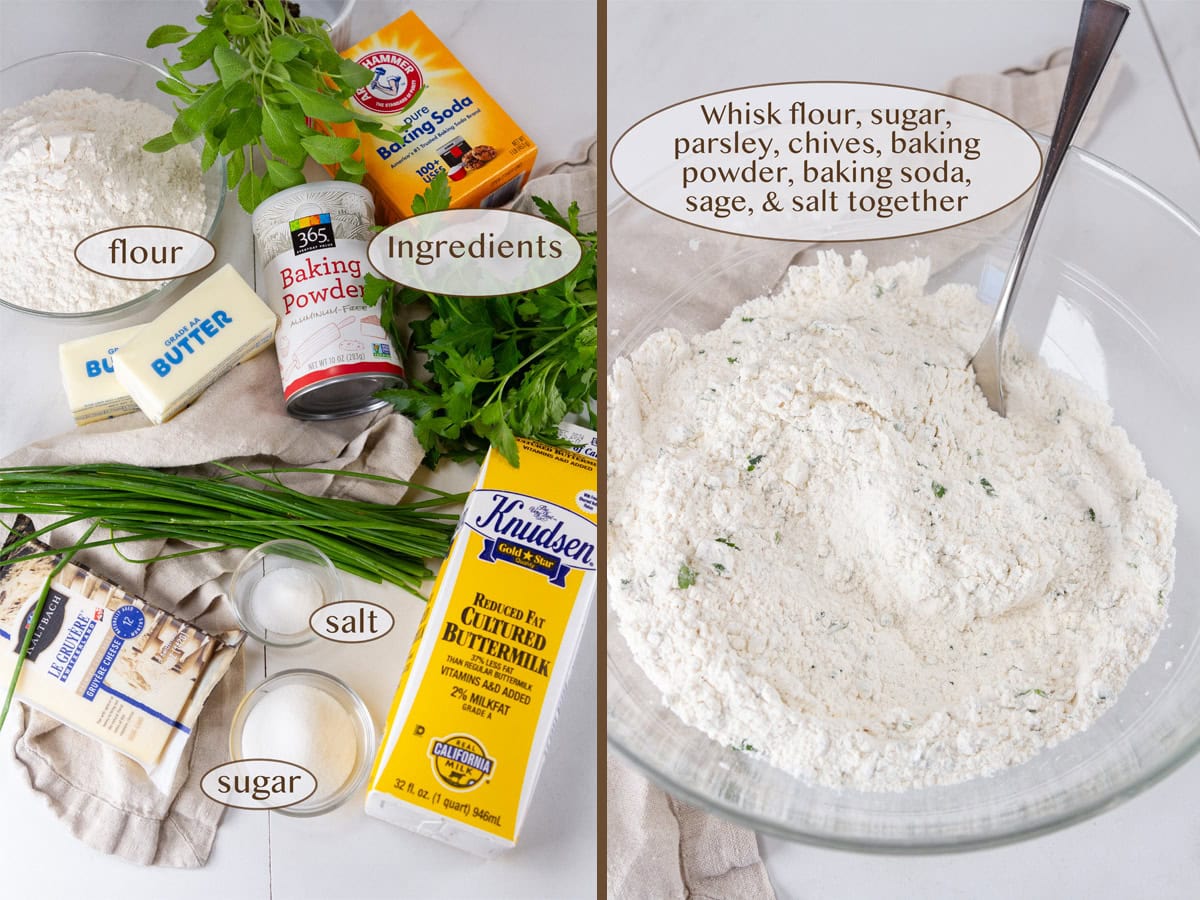 biscuit ingredients on left and a flour mixture in a bowl on right.