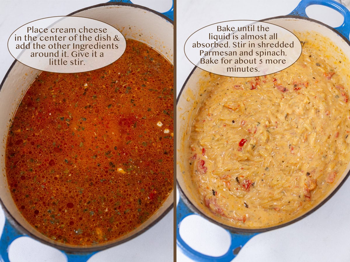 ingredients in a baking dish on left and after baking on right.