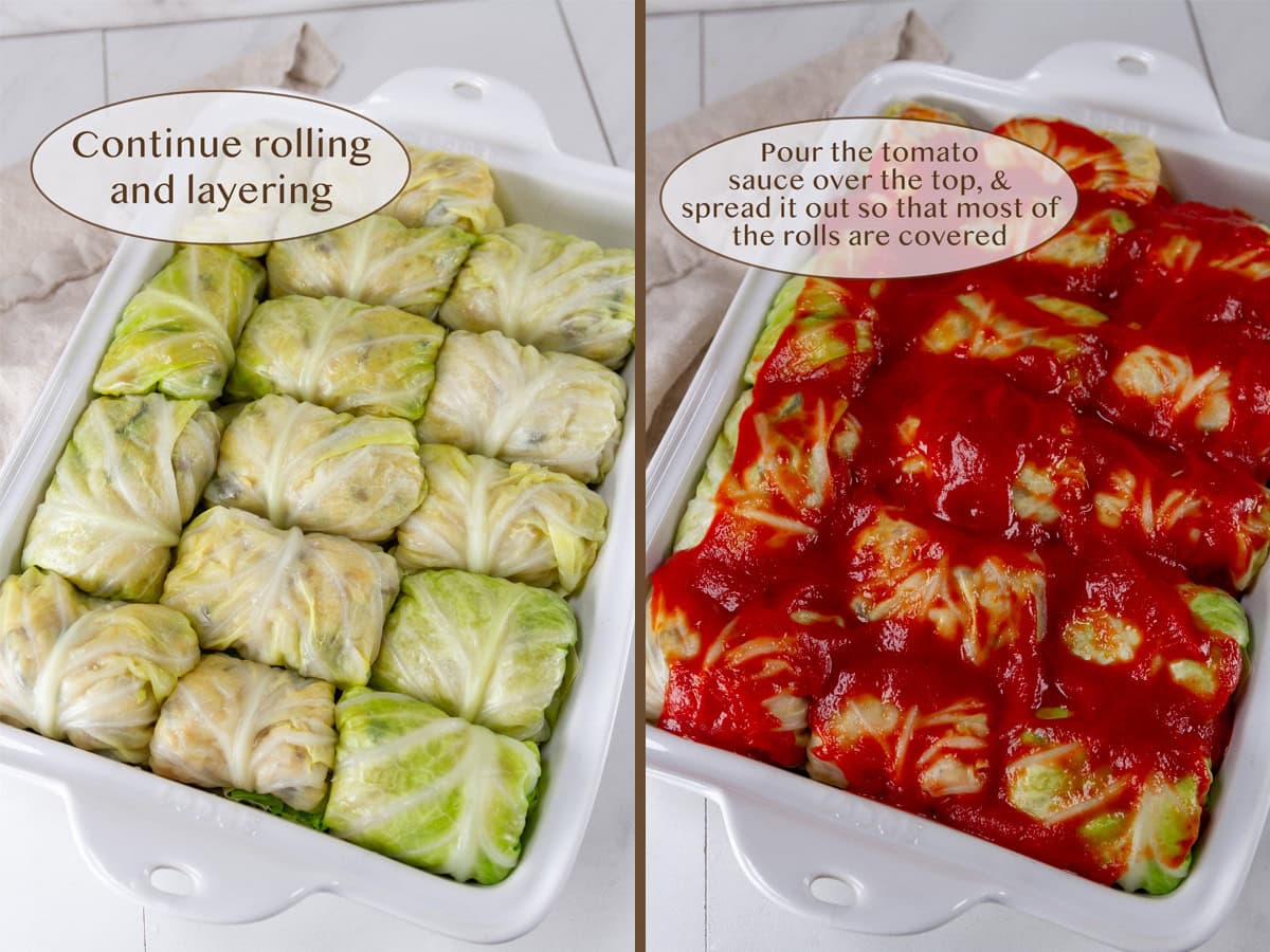 cabbage rolls in a baking dish on left and covered with tomato sauce on right.