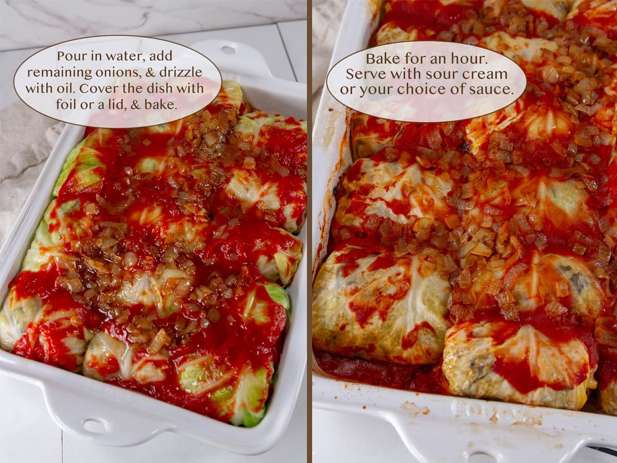 onions, water, and oil added to cabbage rolls on left and after being baked on right.