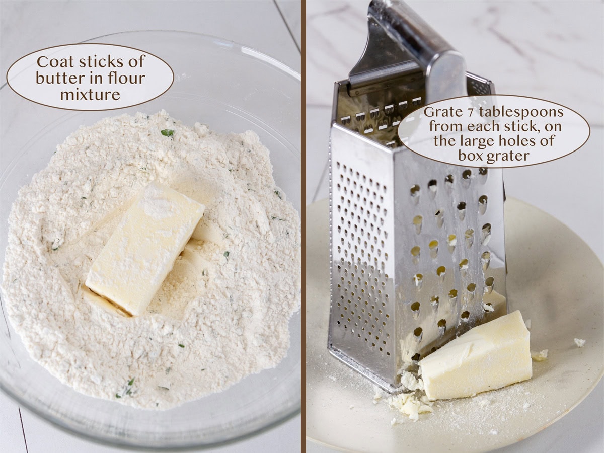 Coating the butter in the flour mixture and a box grater with the partially grated butter at the bottom.