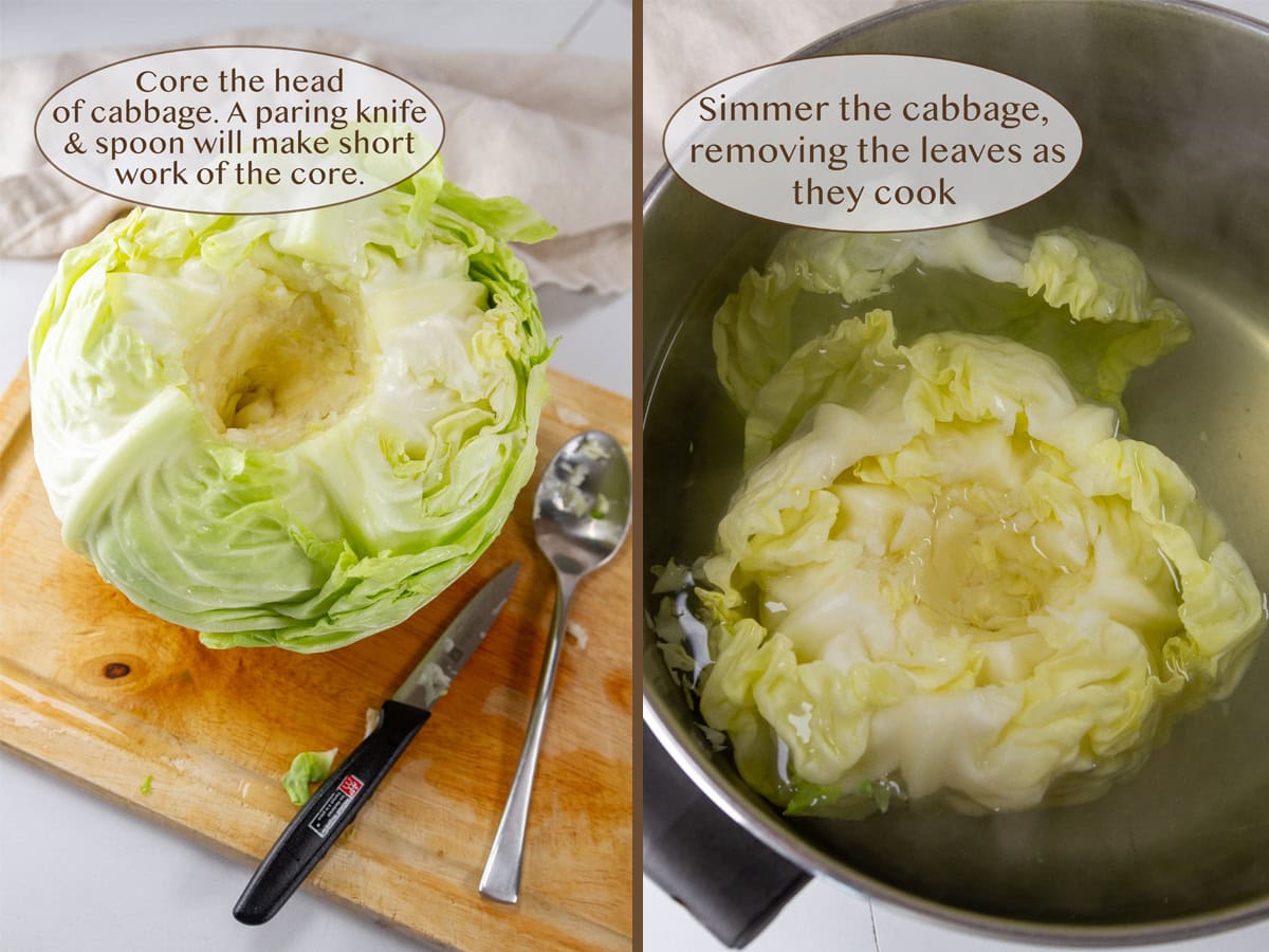 The core cut out of a green cabbage on left and cooking in a pot of water on right.