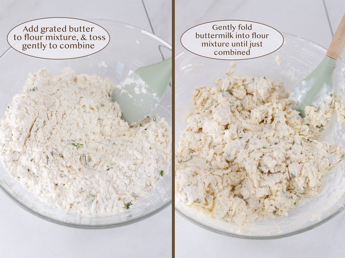 mixing the grated butter into the flour on left and added buttermilk on right.
