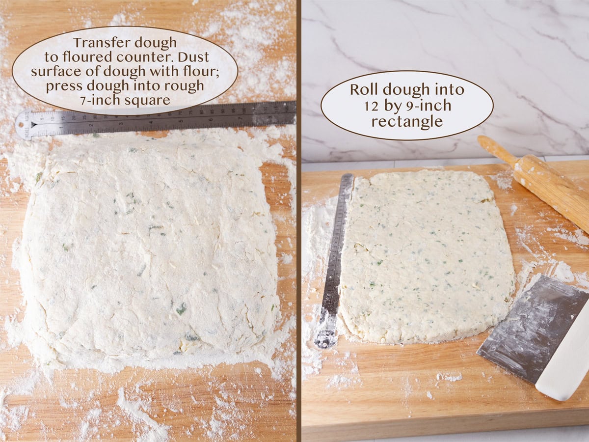 roughly shaped dough on a cutting board on left and rolled dough with a ruler, bench scraper, and rolling pin on right.