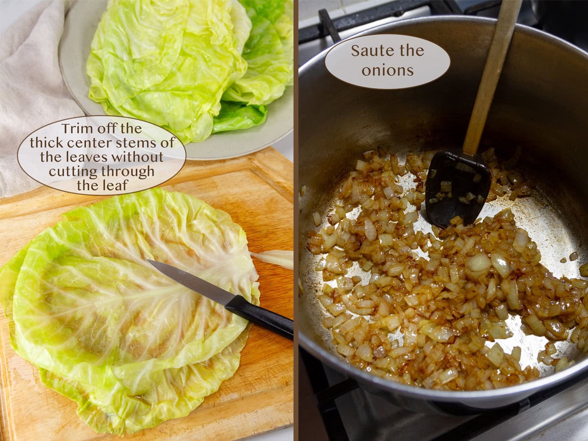 removing the hard stem from cooked cabbage leaves on left and cooking onions in a pot on right.