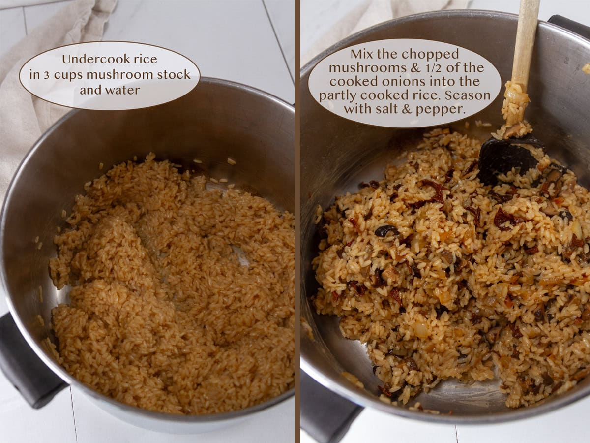 rice partially cooked in mushroom broth on left and with added chopped mushrooms and onions on right.