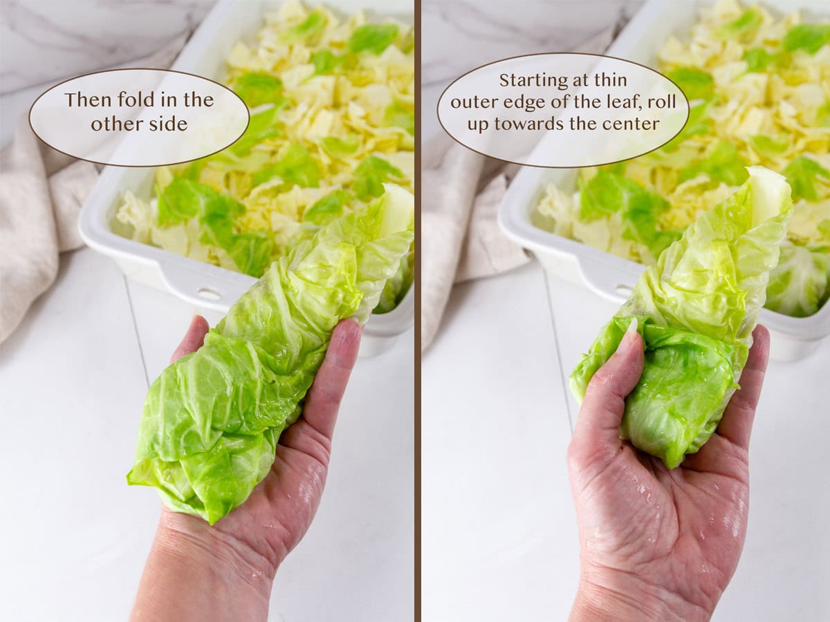 folding the cabbage around the filling.