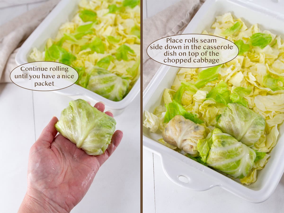 a cabbage roll in a hand on left and placed in a baking dish on right.