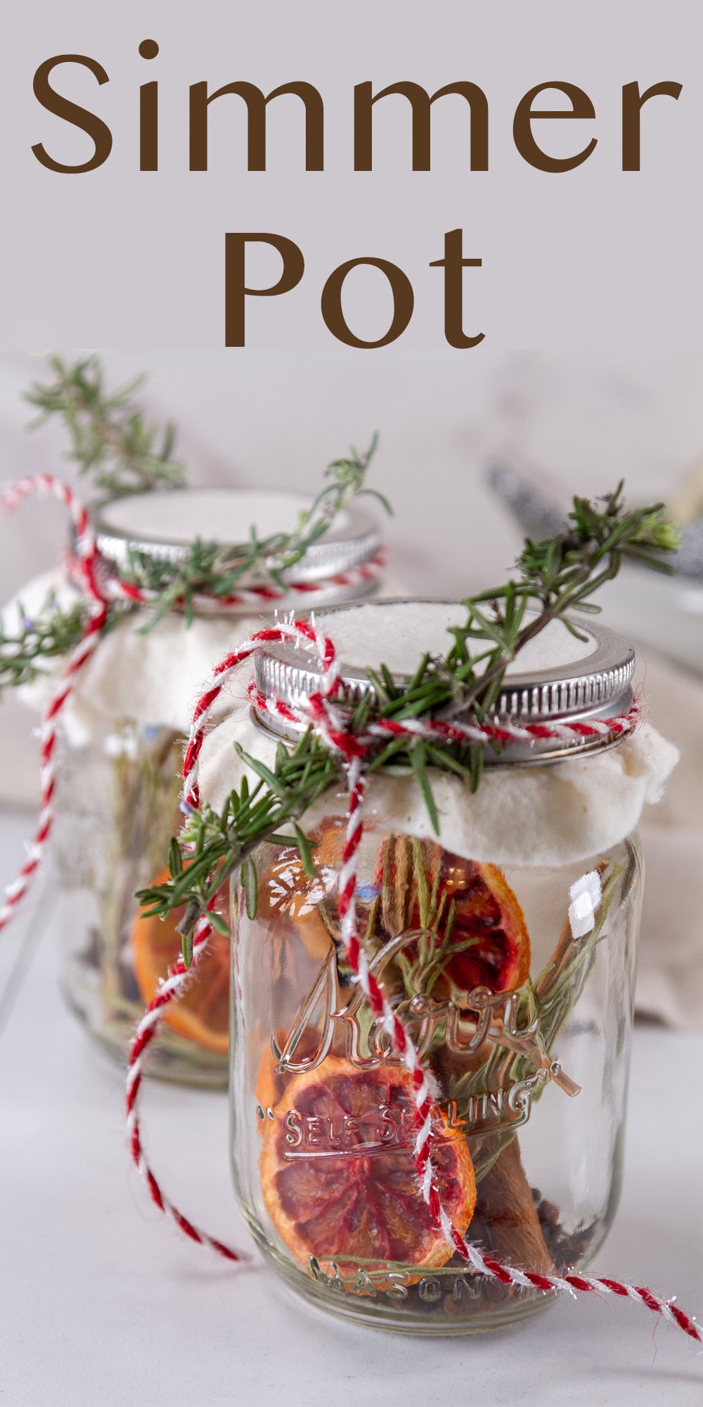 two mason jars tied with ribbon and topped with fabric, oranges, cinnamon and more inside.