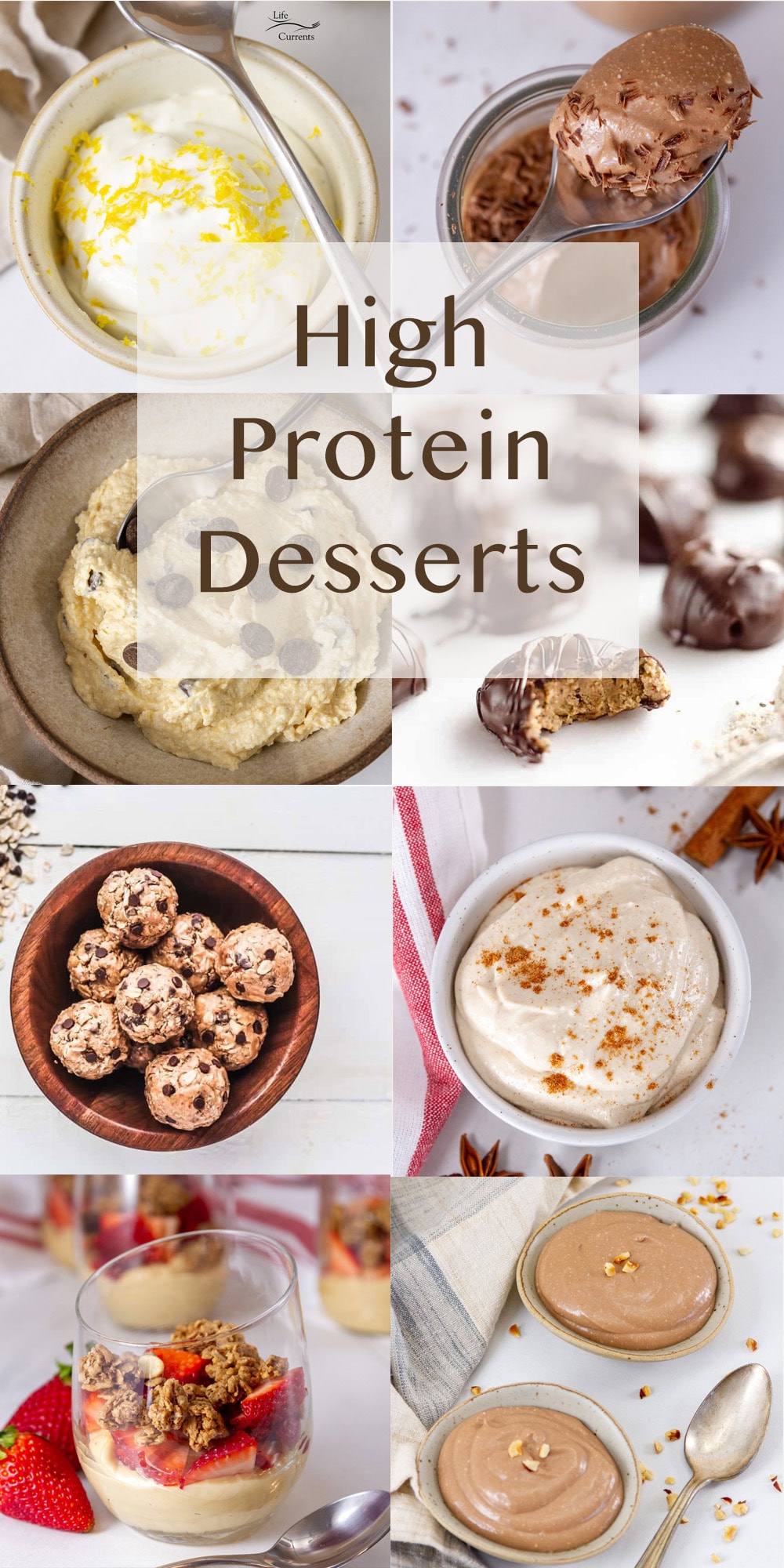 a collage of high protein dessert images.