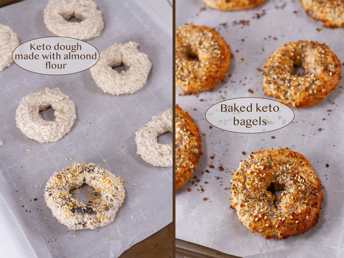 keto bagels before being baked on left and after baked on right.