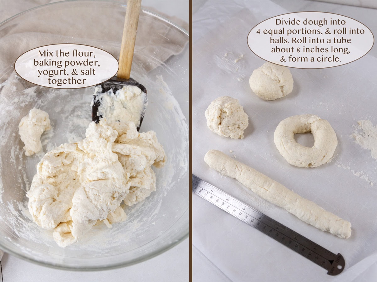 mixing dough on left and shaping bagels on right.